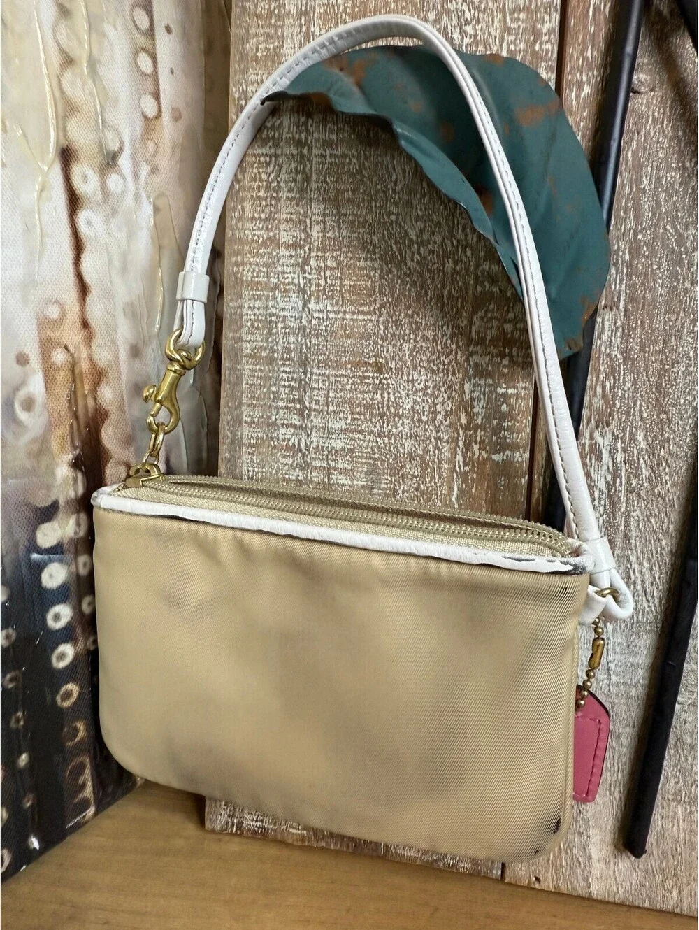 Coach Beige Nylon Mini Wristlet with Pink Interior 6